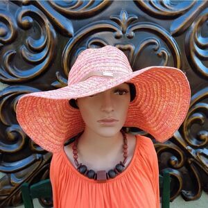 EUC BETMAR Salmon Orange White XLarge Brim Sun Shade Hat w/ Leather Buckle Band
